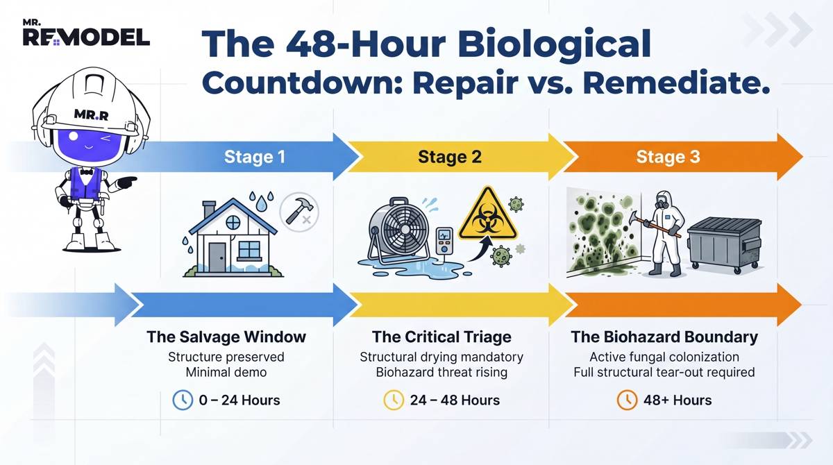 A striking horizontal roadmap that forces the user to see the biological shift. It labels the first 24 hours as "Salvageable," the 24–48 hour window as "Critical Triage," and the 48+ hour mark in a bright, warning orange as "Mandatory Biohazard Abatement." This visualization makes the EPA/CDC transition window impossible to ignore.